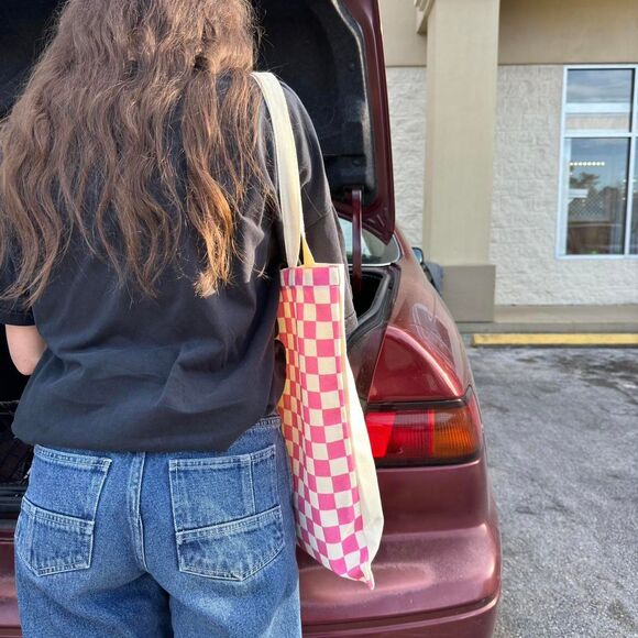 “This Is My Thrifting Tote” Pink Checkered Canvas Tote Bag - Picture 8 of 8